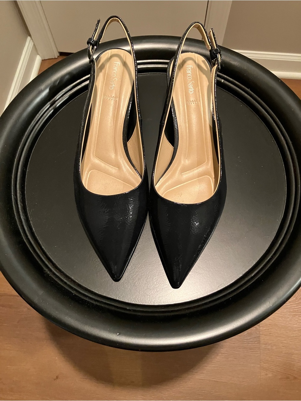 Franco Sarto Navy Patent Pointed Slingback Pumps